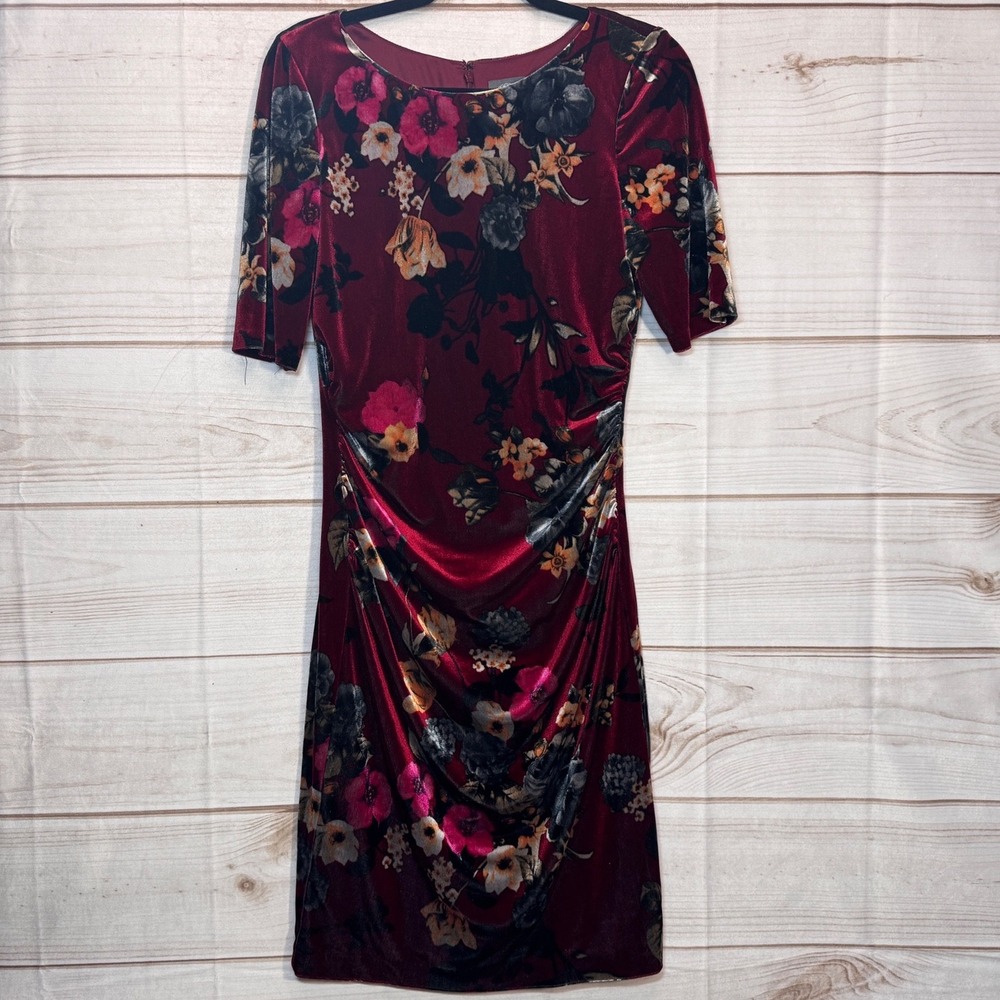 Vince Camuto Sheath Dress Womens 12 Red Floral Velvet Ruched Short Sleeve